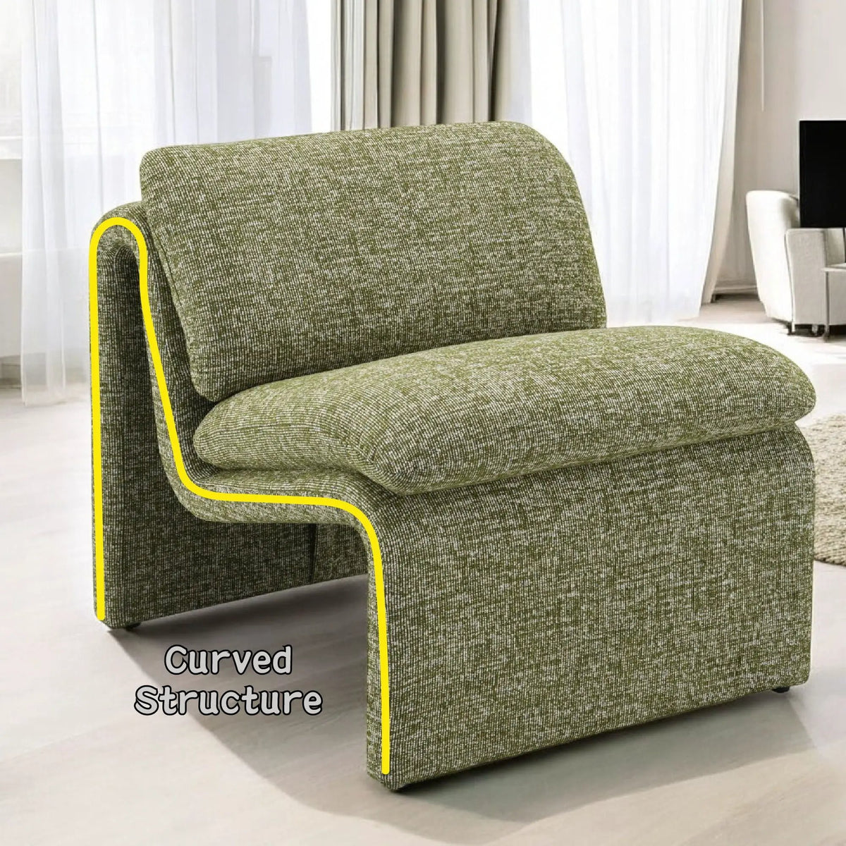 Jaeda Curved Accent Chair | Premium Fabric | Full Foam Cushions | Wooden Inner Frame