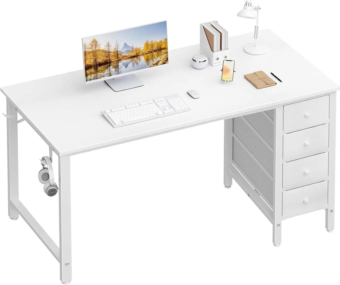 55 Inch White Computer Desk With Fabric Drawer For Home Office from PriceLows™
