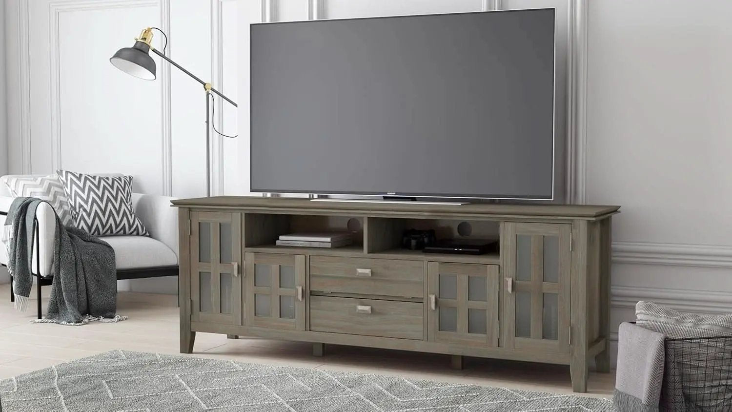 Solid Wood TV Stand 72 Inch Wide Distressed Grey Finish from PriceLows™
