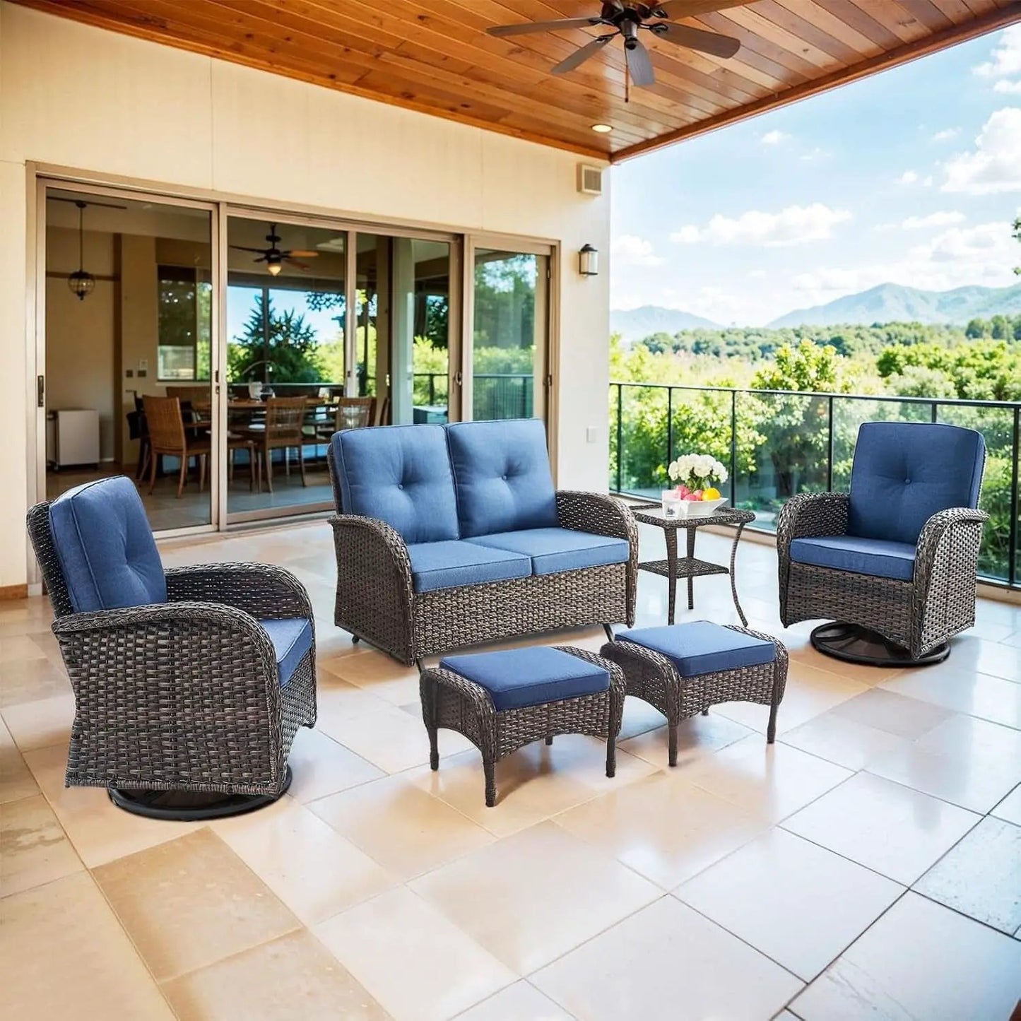 6 Piece Patio Conversation Set Brown Wicker Blue Cushions from PriceLows™