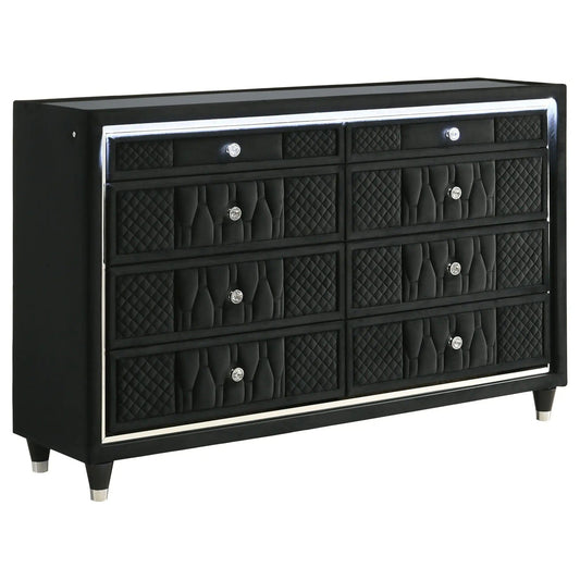 Lorient 8-drawer LED Bedroom Dresser Cabinet | 60.5 x 16 x 38.25 in | Rubberwood & Velvet | Black