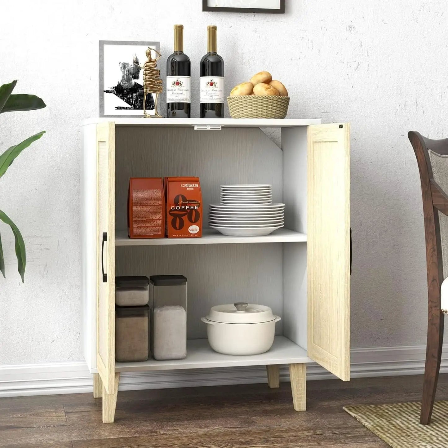 White Buffet Cabinet Sideboard With Rattan Doors Storage from PriceLows™