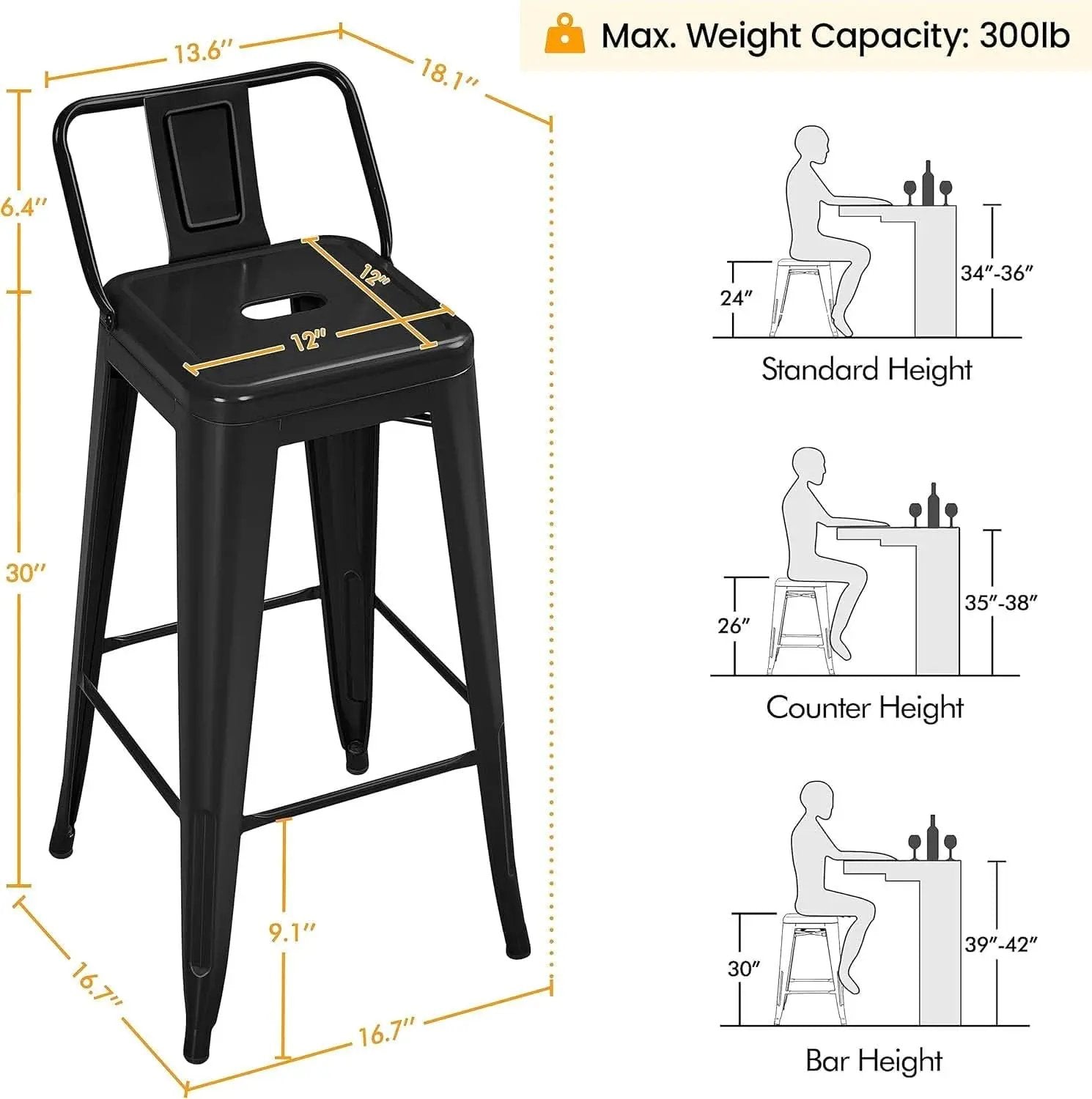 30 Inch Matte Black Metal Bar Stool Set Of 4 With Low Back from PriceLows™