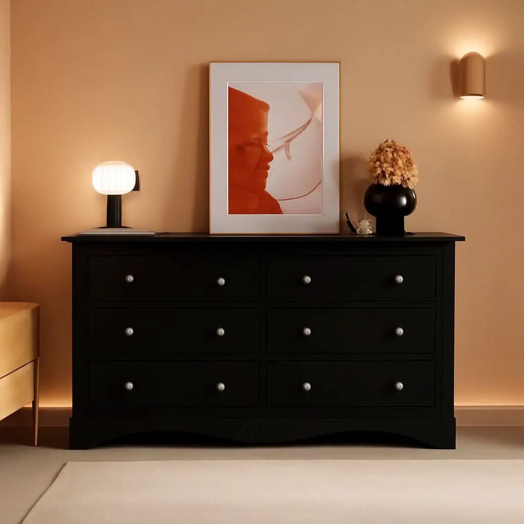 Glossy Black 52 Inch Six Drawer Dresser for Modern Storage from PriceLows™