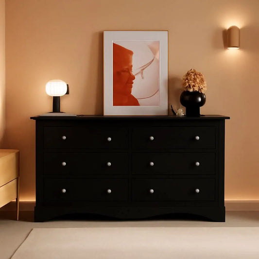 Glossy Black 52 Inch Six Drawer Dresser for Modern Storage from PriceLows™