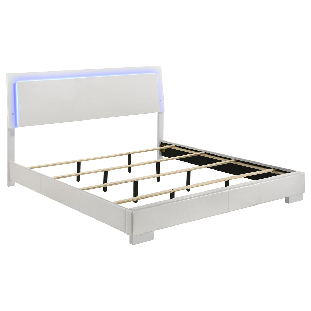 Felicity Wood Eastern King LED Panel Bed White High Gloss | 79.5 x 86.5 x 48.5 in | Faux Leather & Wood | Bedroom