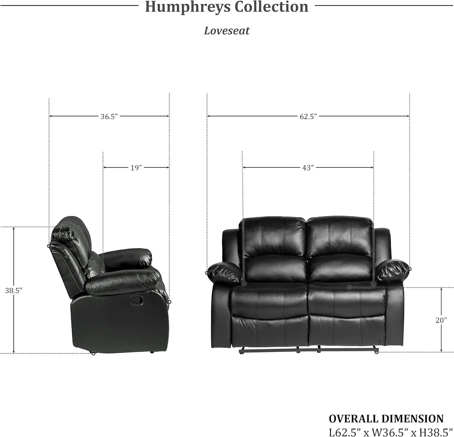 62.5 Inch Black Wall Hugger Recliner Loveseat Modern from PriceLows™