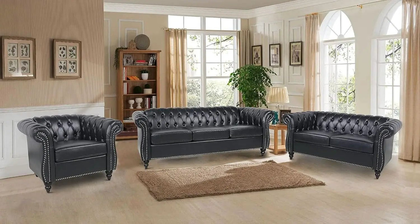 3 Seater PU Chesterfield Sofa Black Tufted Nailhead Trim from PriceLows™