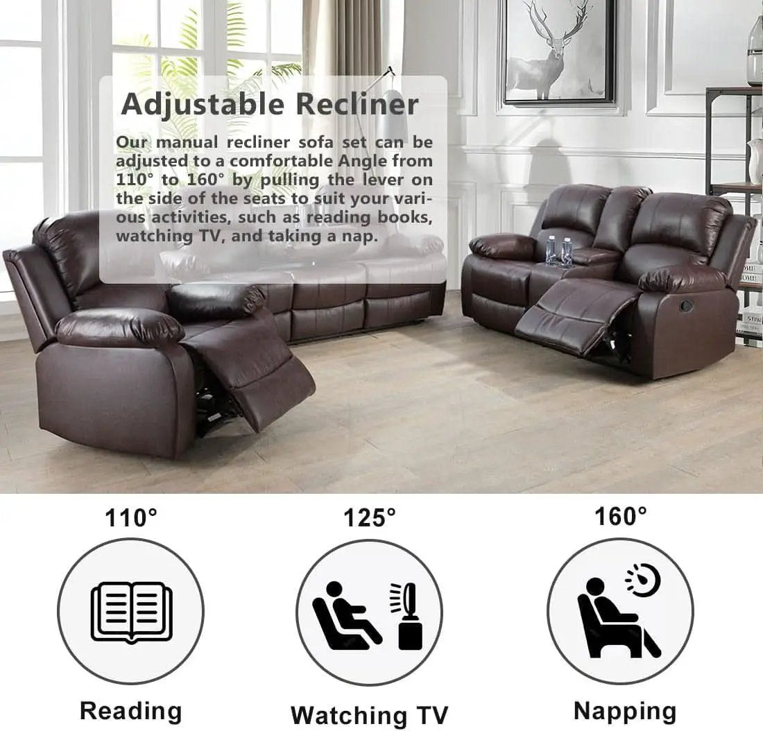Brown 3 Piece Vegan Leather Recliner Sofa Set Cupholders from PriceLows™