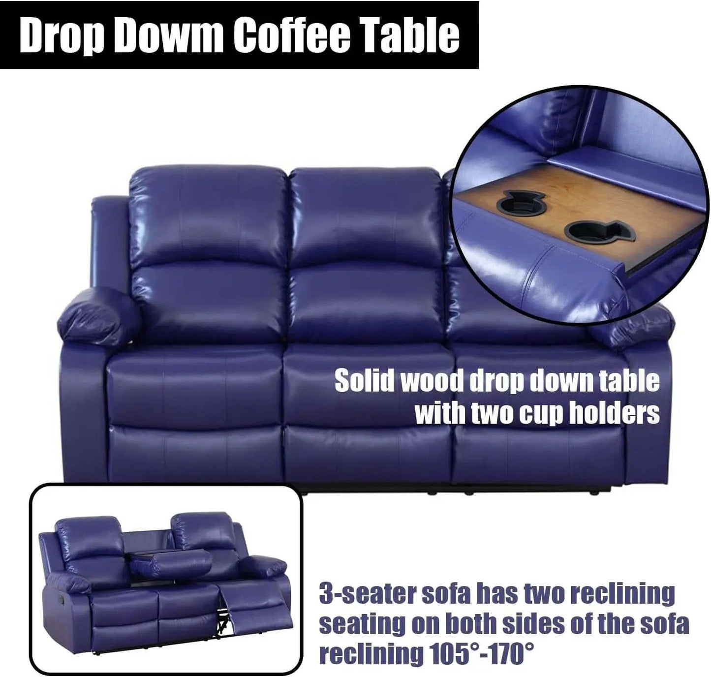 Blue Leather Reclining Sofa Set With Drop Table And Storage from PriceLows™