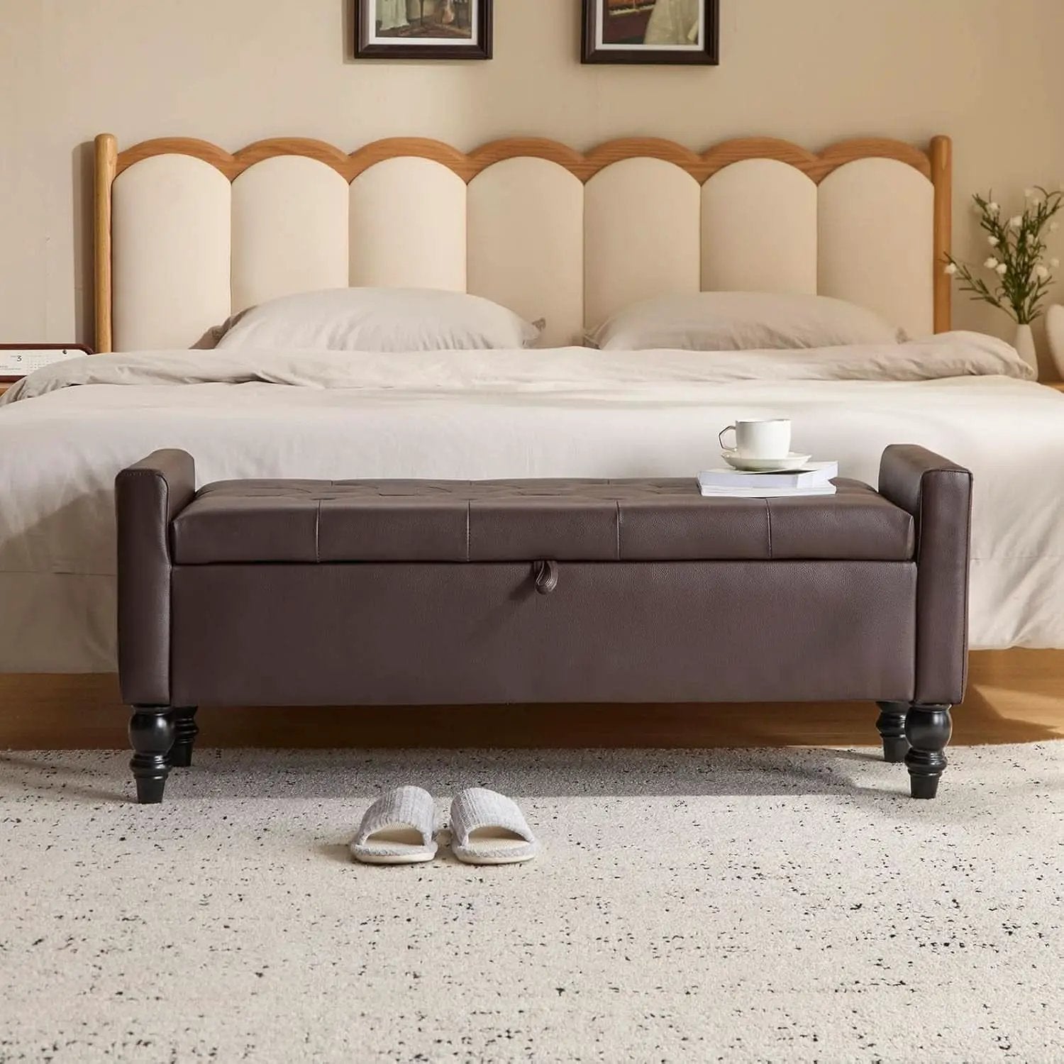 Brown Genuine Leather Storage Ottoman Bench Bedside from PriceLows™
