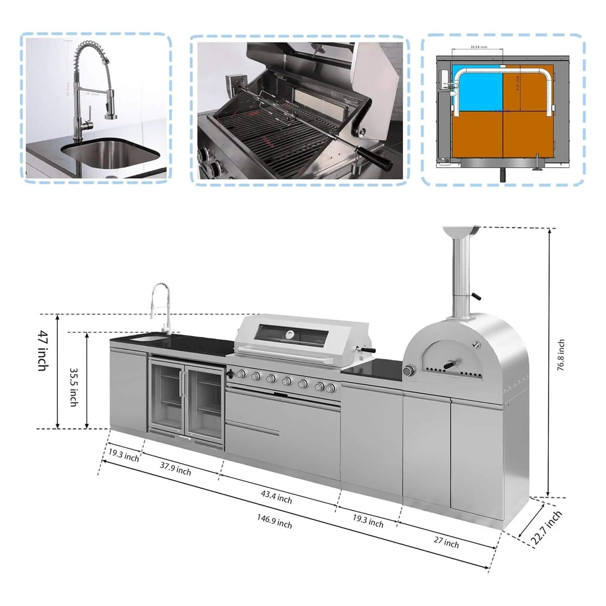 147 Inch 6 Burner 120K BTU Outdoor Kitchen Island With Pizza Oven, Rotisserie | 147 Inch | 6-Burner | Dining Room