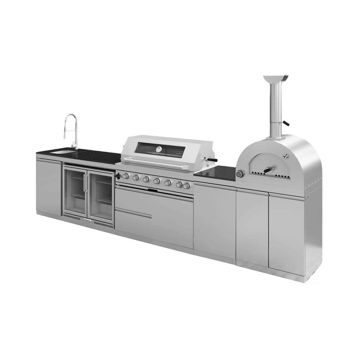 147 Inch 6 Burner 120K BTU Outdoor Kitchen Island With Pizza Oven, Rotisserie | 147 Inch | 6-Burner | Dining Room