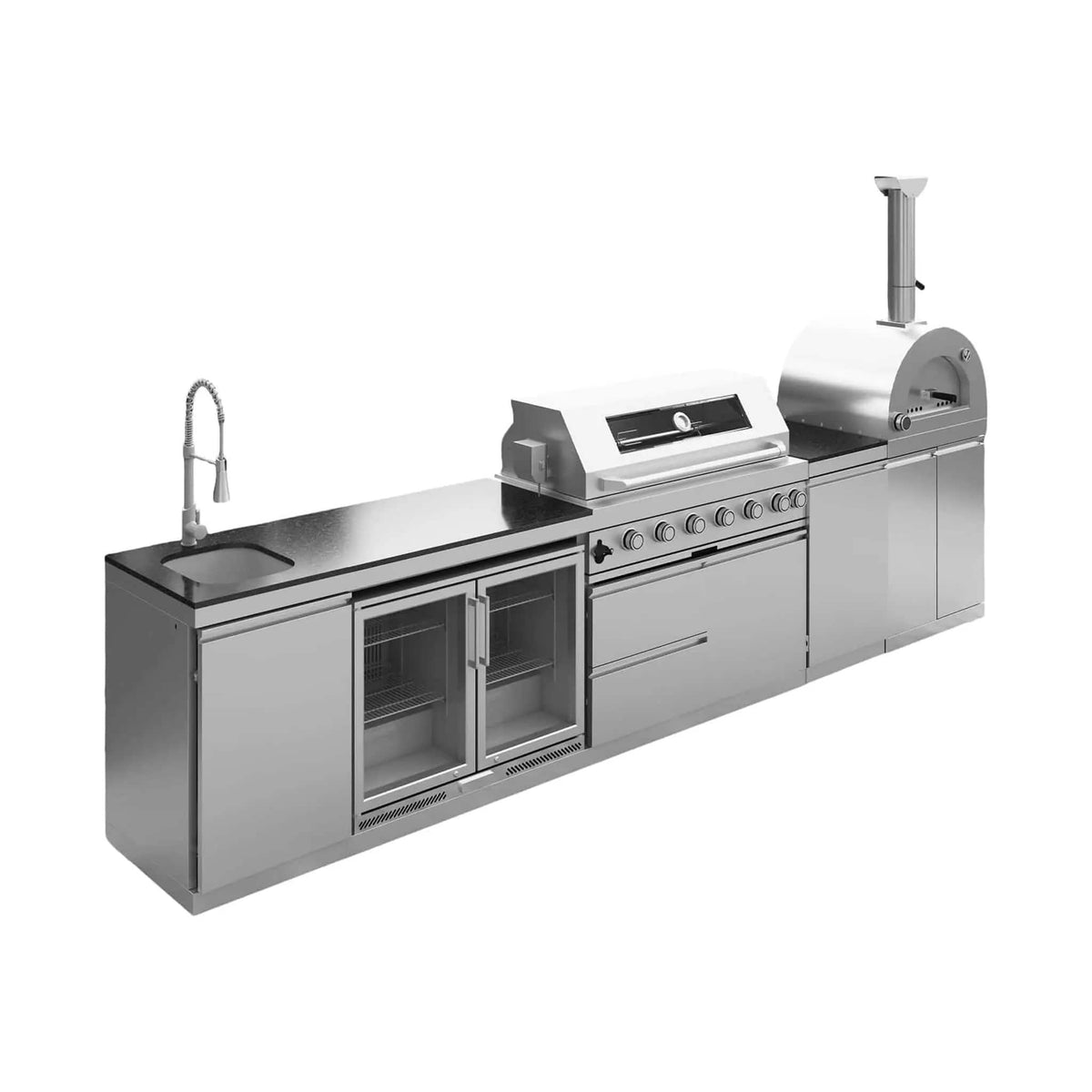 147 Inch 6 Burner 120K BTU Outdoor Kitchen Island With Pizza Oven, Rotisserie | 147 Inch | 6-Burner | Dining Room