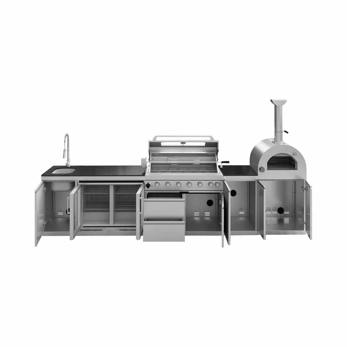 147 Inch 6 Burner 120K BTU Outdoor Kitchen Island With Pizza Oven, Rotisserie | 147 Inch | 6-Burner | Dining Room