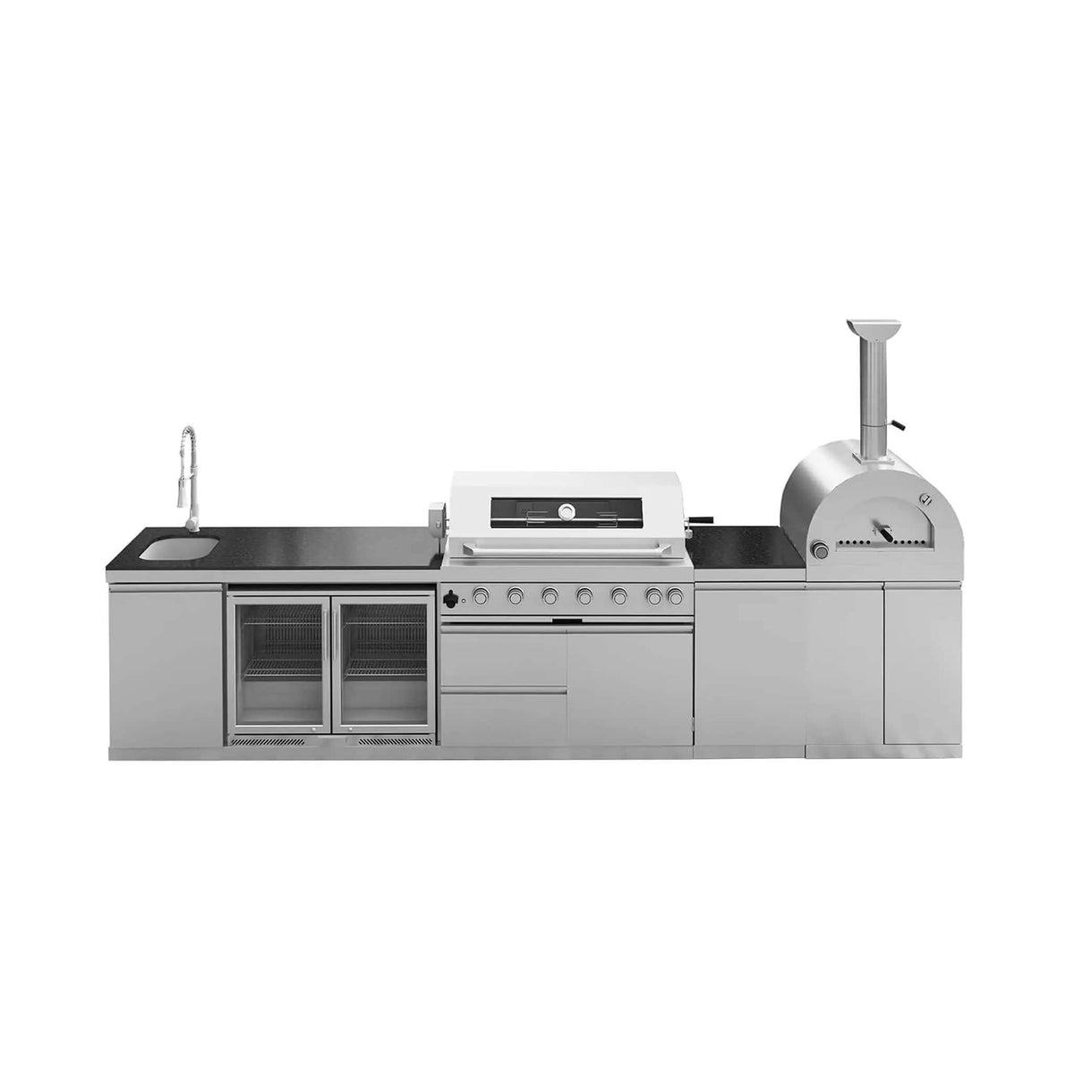147 Inch 6 Burner 120K BTU Outdoor Kitchen Island With Pizza Oven, Rotisserie | 147 Inch | 6-Burner | Dining Room