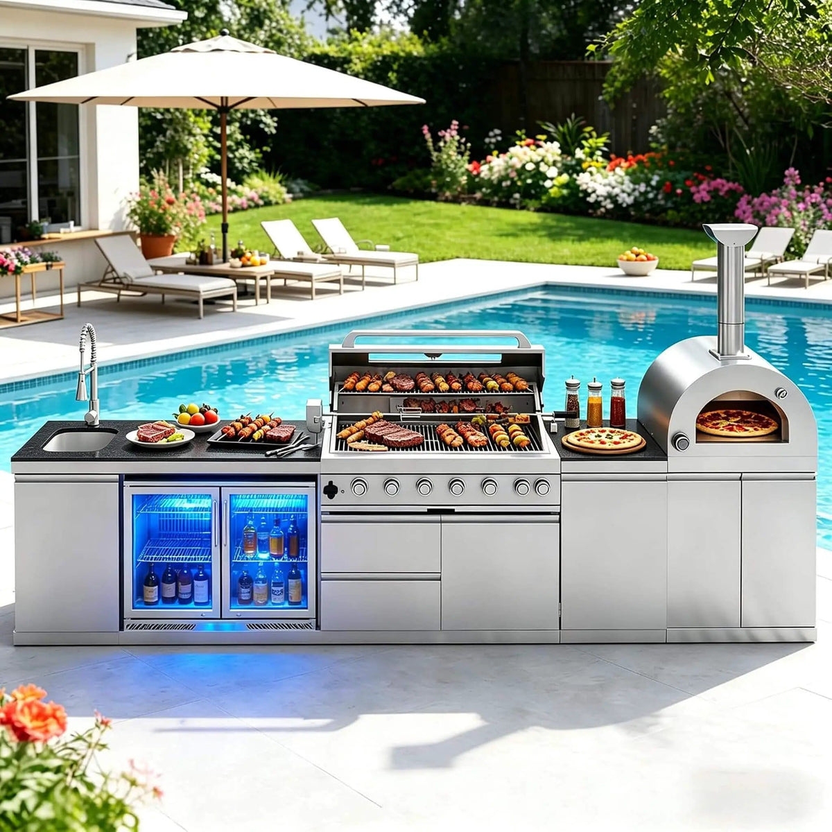 147 Inch 6 Burner 120K BTU Outdoor Kitchen Island With Pizza Oven, Rotisserie | 147 Inch | 6-Burner | Dining Room
