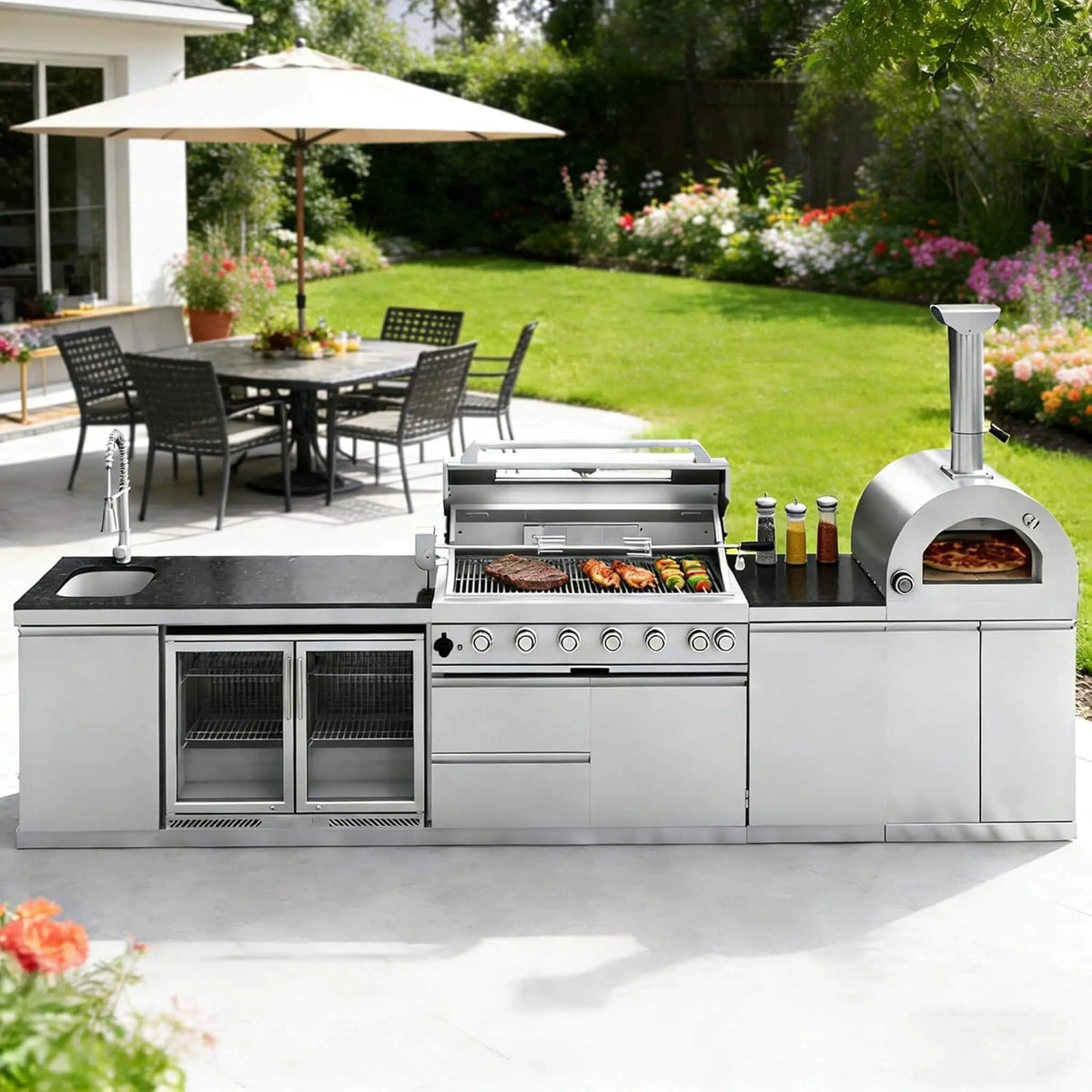 147 Inch 6 Burner 120K BTU Outdoor Kitchen Island With Pizza Oven, Rotisserie | 147 Inch | 6-Burner | Dining Room