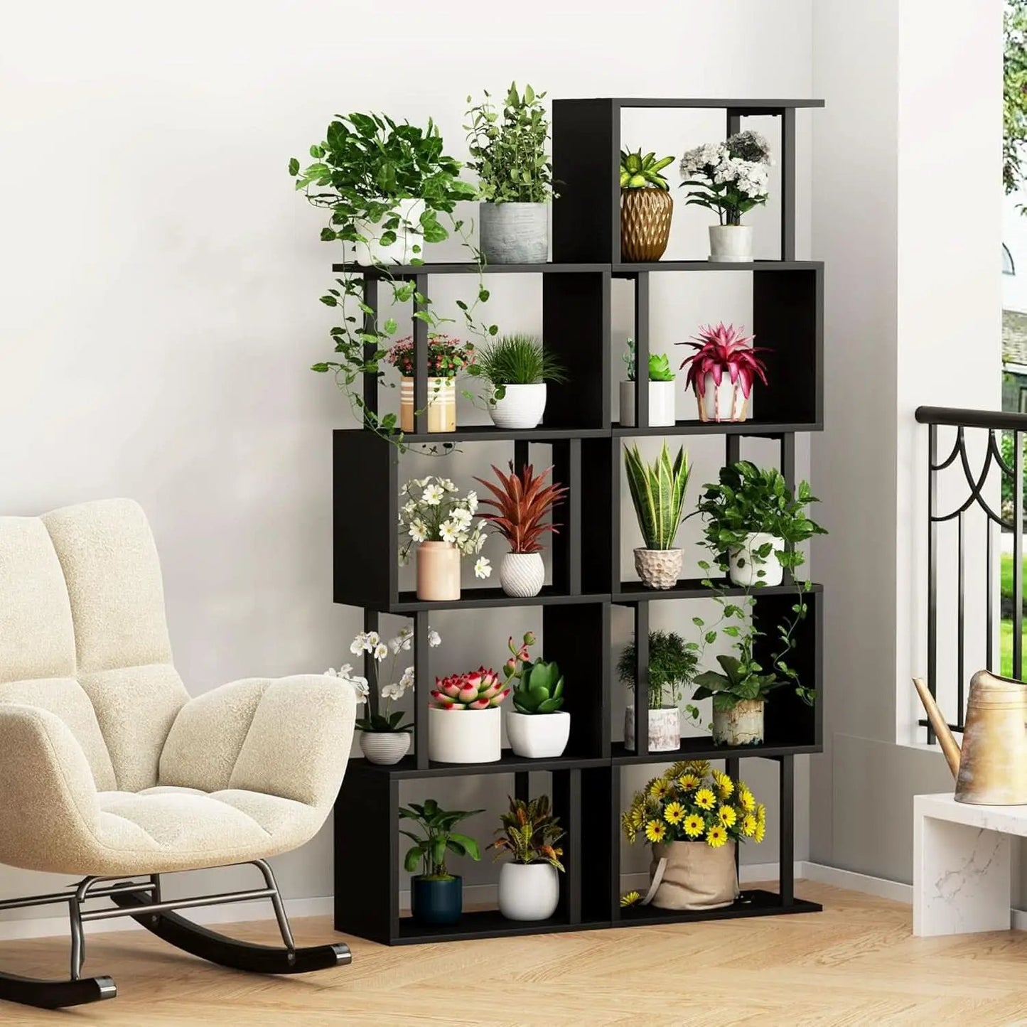 5 Tier S Shaped Bookcase Black Wood And Metal Livingroom from PriceLows™