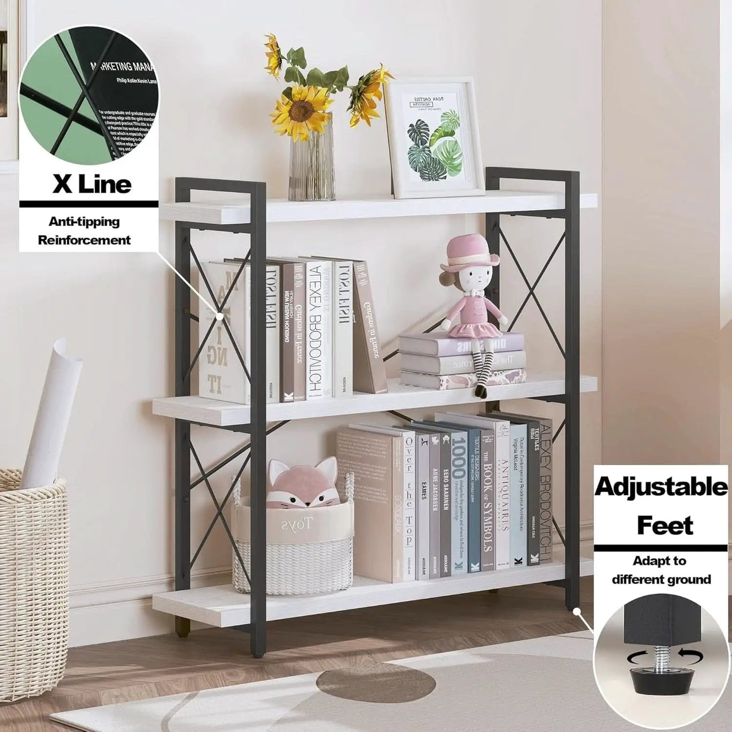 Industrial Three Tier Open Bookcase With Metal Frame Sturdy from PriceLows™
