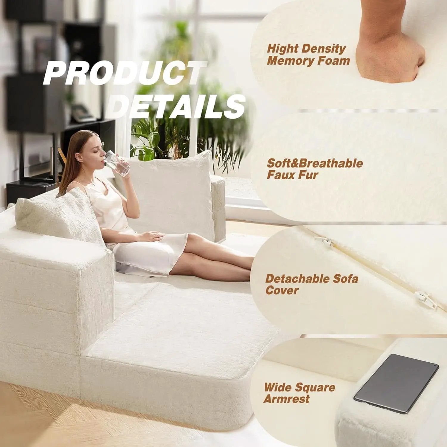 Milky White Large 3 In 1 Folding Bean Bag Couch Faux Fur from PriceLows™