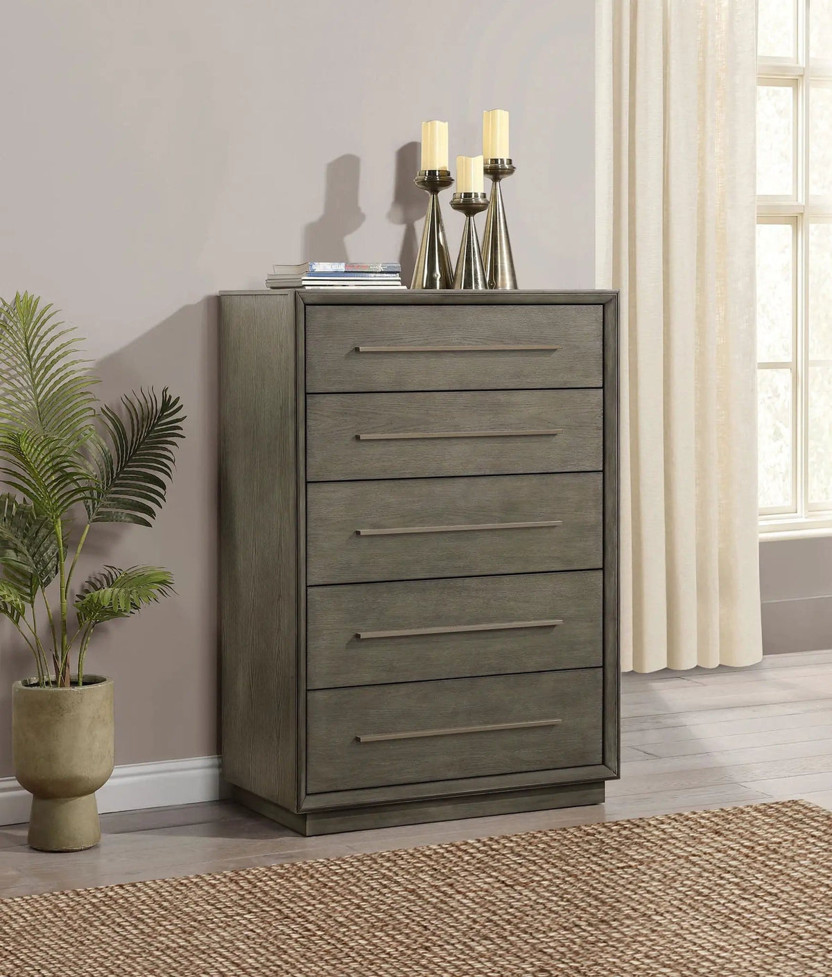 Durango 5-drawer Bedroom Chest Taupe | 38 x 20 x 54.5 in | Engineered Wood & Veneer | Oak