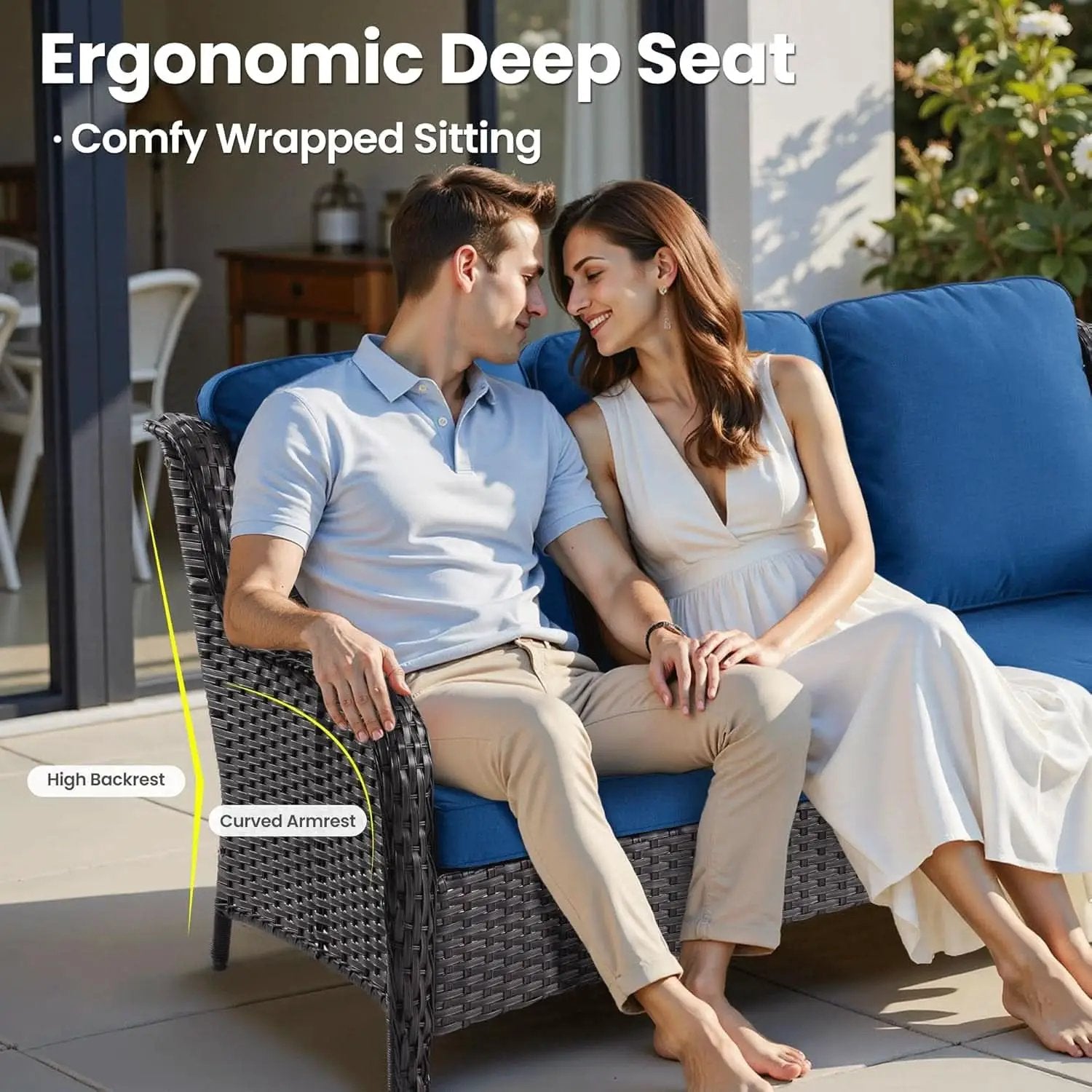 Five Piece Outdoor Wicker Patio Set With Cushions Navy Blue from PriceLows™