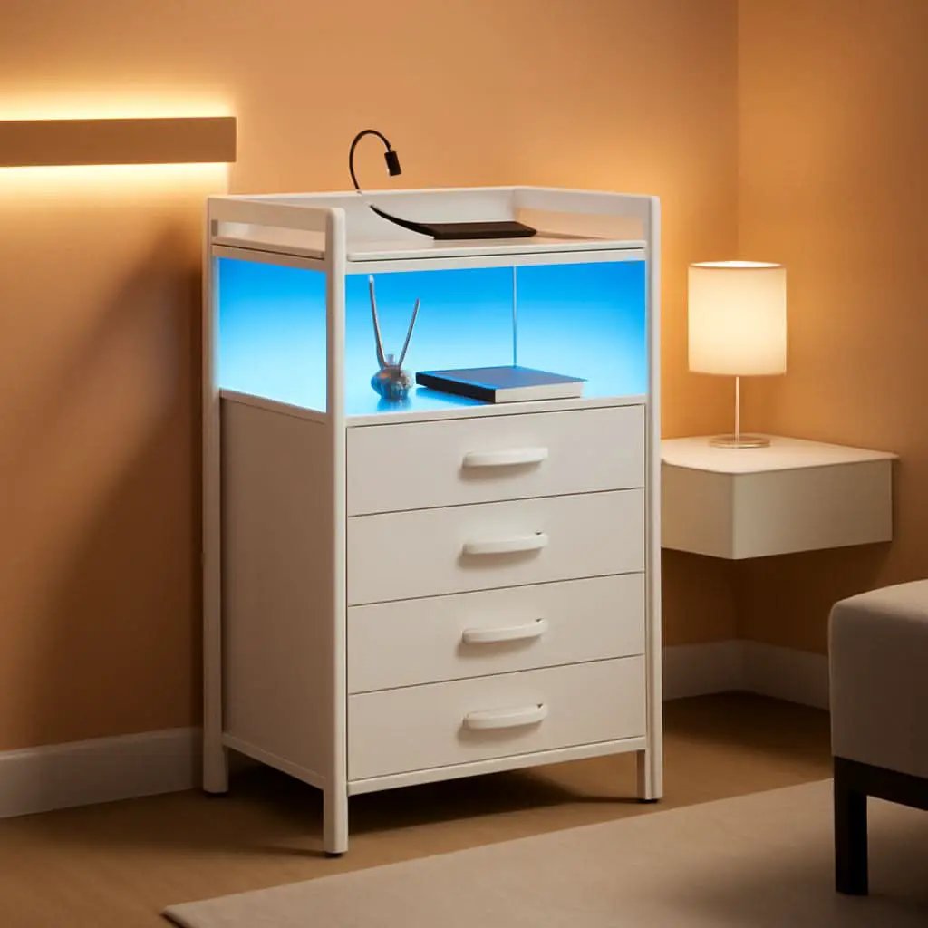 White Nightstand With Charging Station And RGB LED Lighting from PriceLows™