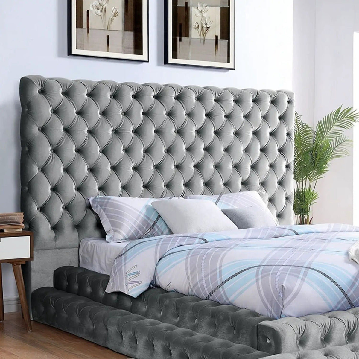 Tufted Platform Bed | Oversized Headboard | Fully Upholstered Frame | Glam Design