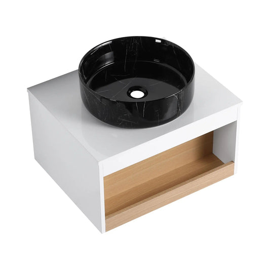 Wall Mounted Bathroom Vanity | Vessel Sink | Open Shelf Storage