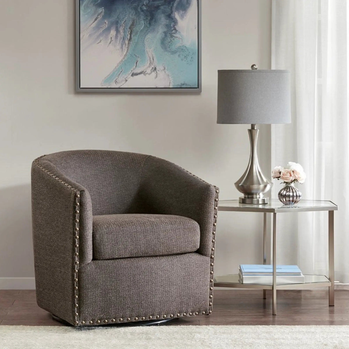 Swivel Chair With 360 Degree Rotation | Silver Nailhead Accents | Metal Base | High-Density Foam Cushion