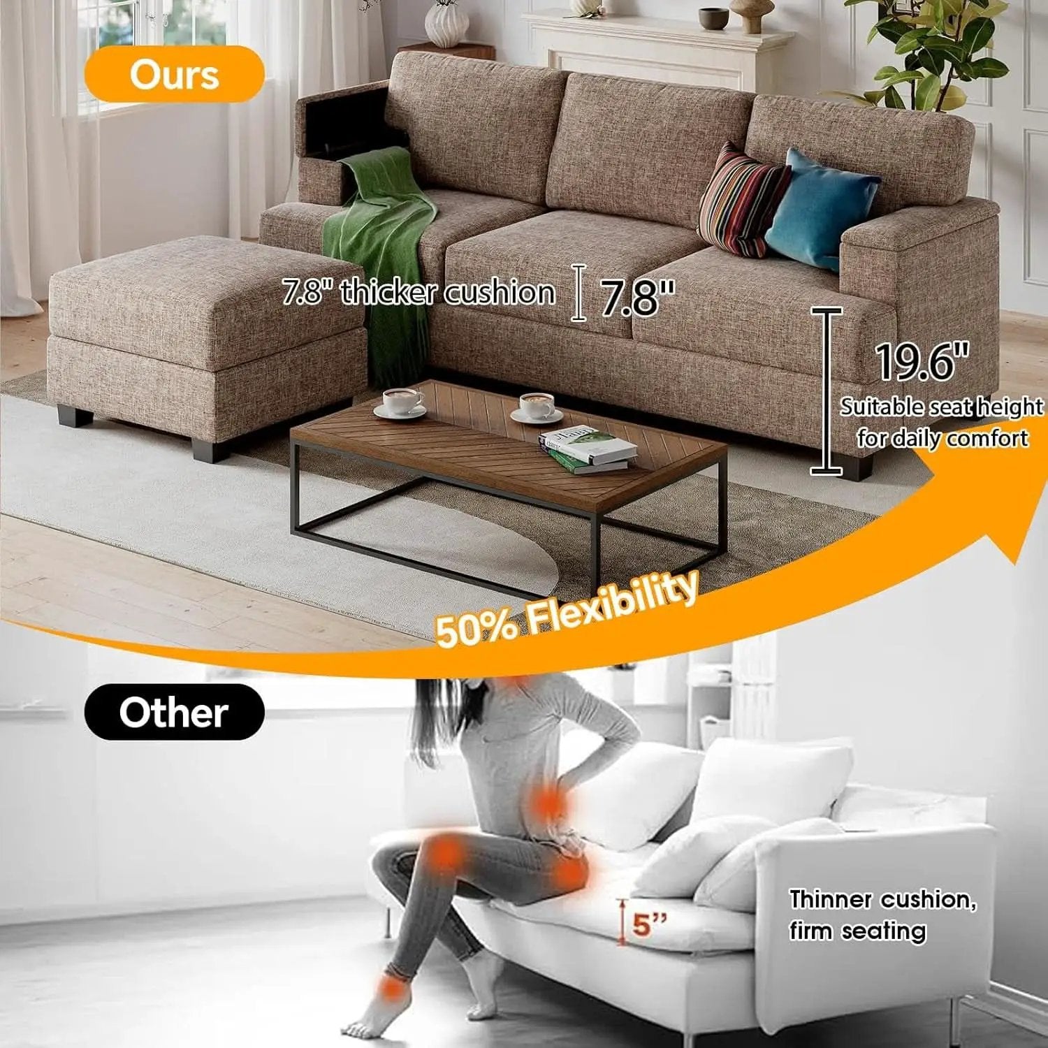 85 Inch L Shaped Couch Armrest Organizer Movable Ottoman from PriceLows™