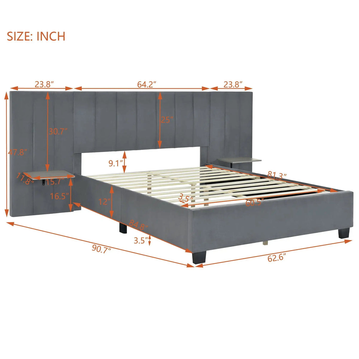 Upholstered Platform Bed | Oversized Ultra-Soft Headboard | Integrated Side Shelves | 111.8 Inch Length