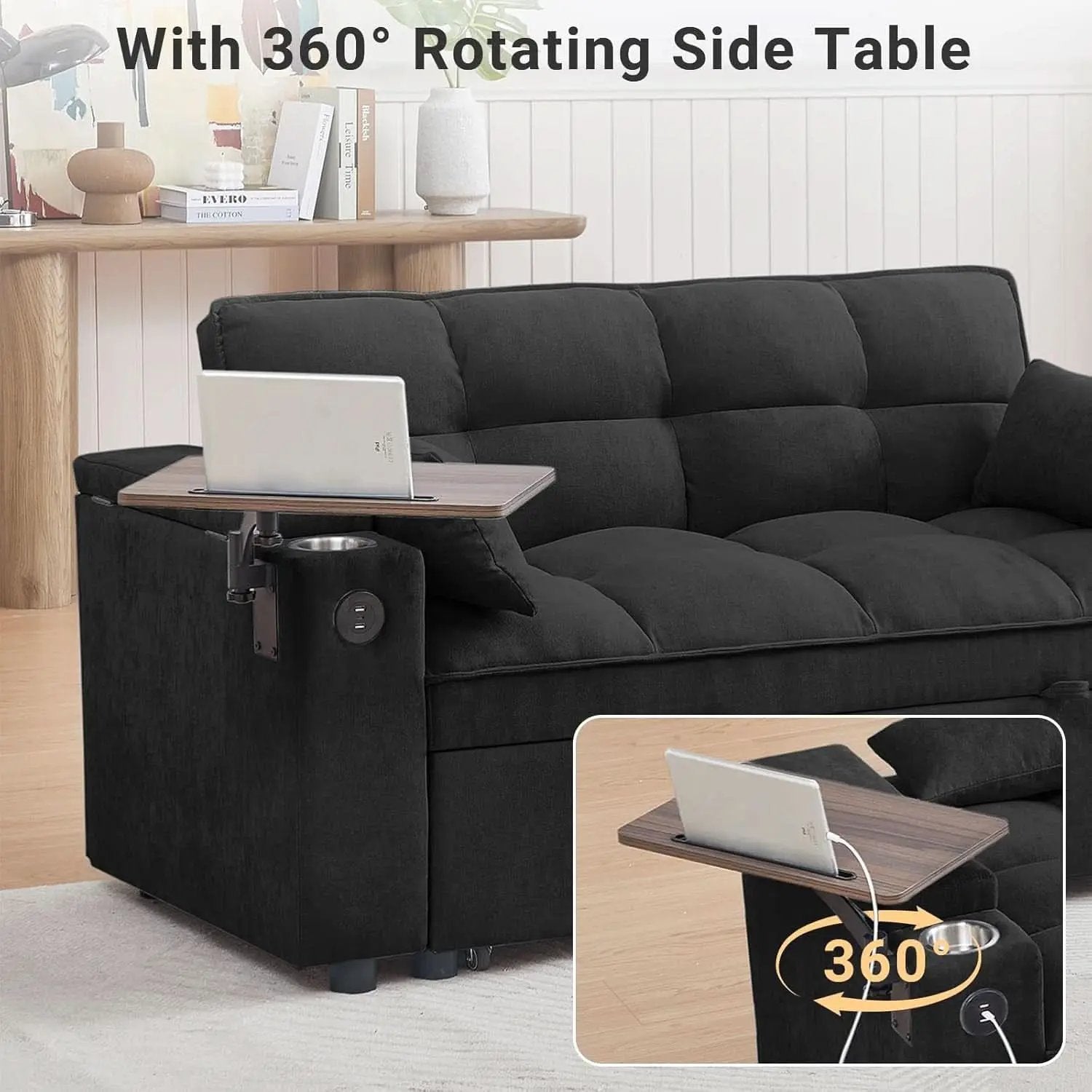 65Inches Transformable Sleeper Sofa Bed Black USBPort from PriceLows™