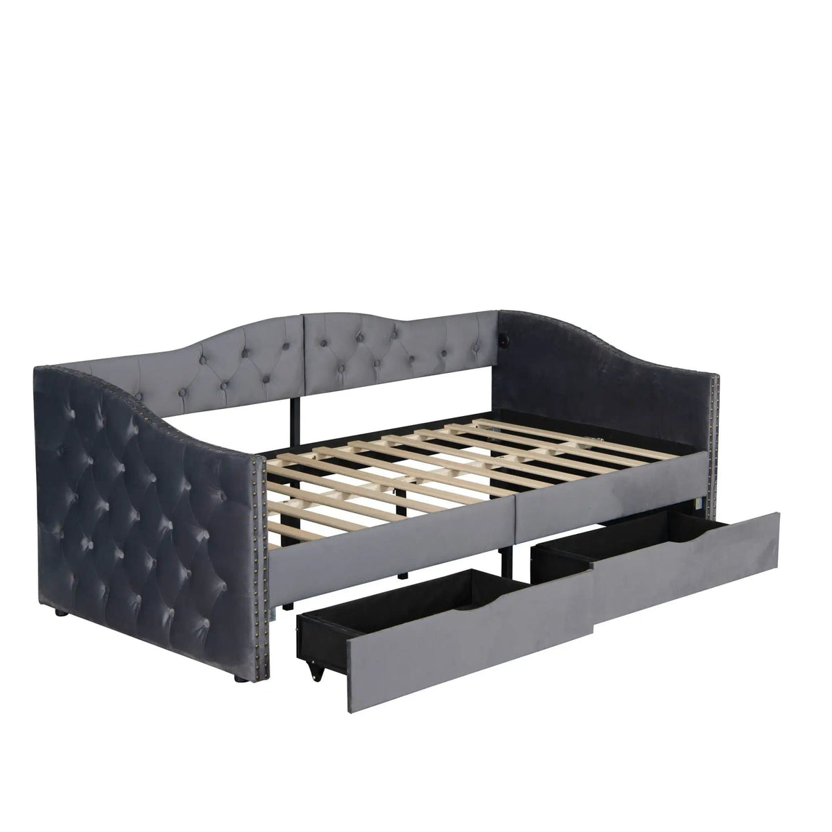 Full Size Bed Frame, Upholstered Cloud Bed Frame With Headboard, 2 Storage Drawers | 80 x 55.5 x 23.6 in | Linen & Wood | Gray