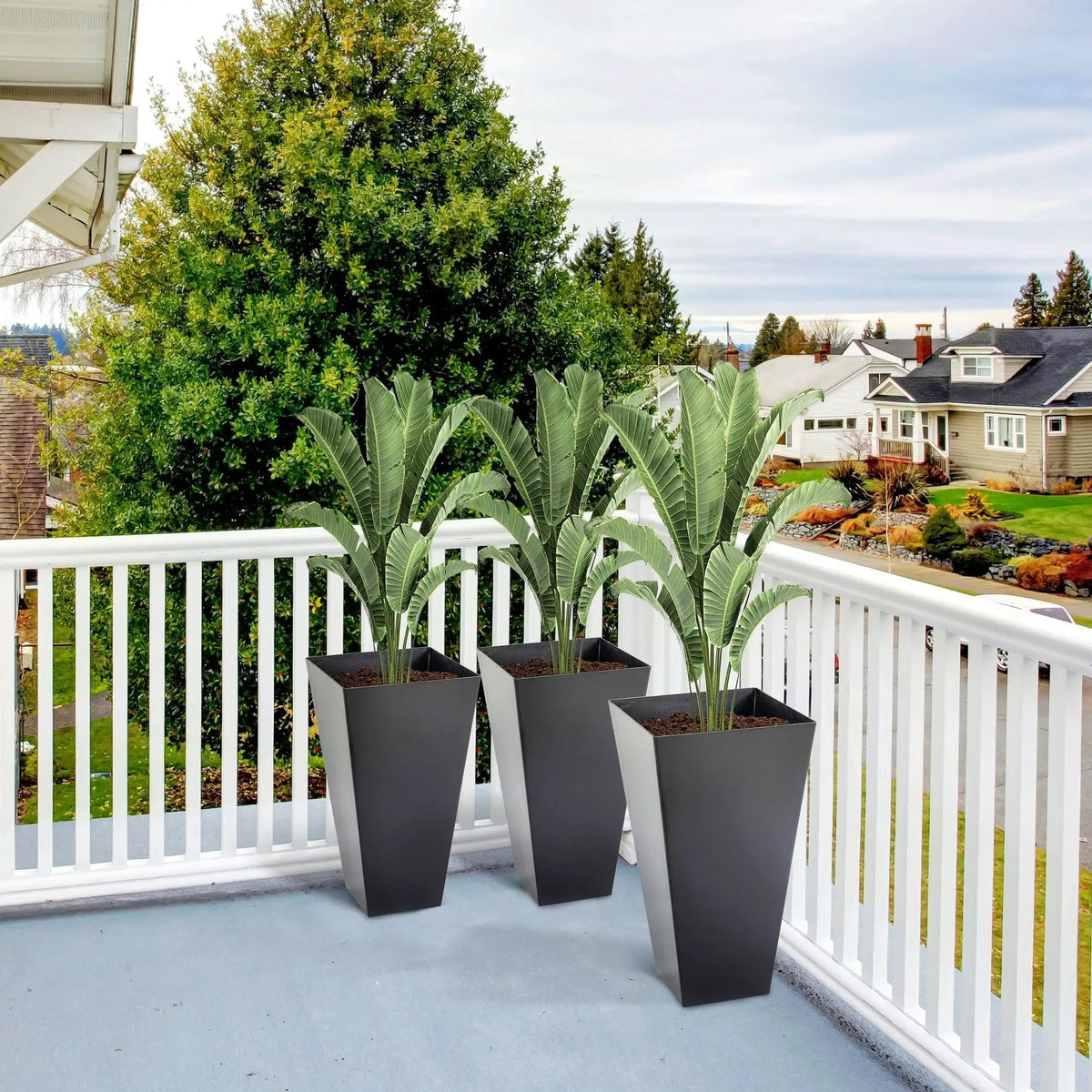 Outsunny Tapered Outdoor Planters | Set Of 3 | Faux Wood Grain Look | Drainage Holes And Plug