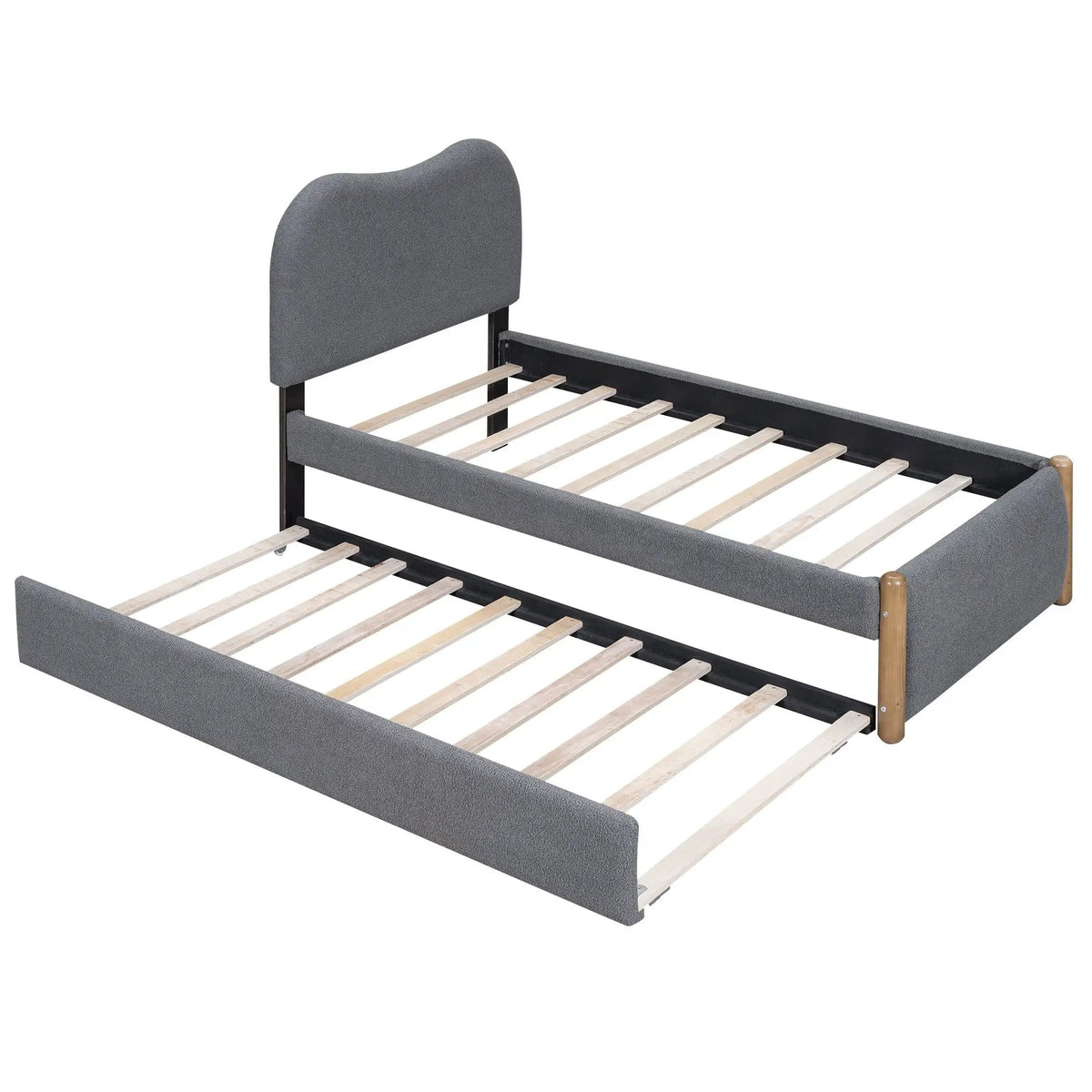 Upholstered Platform Bed | Trundle | Arc-Shaped Berber Fleece Headboard | Wood Supporting Feet