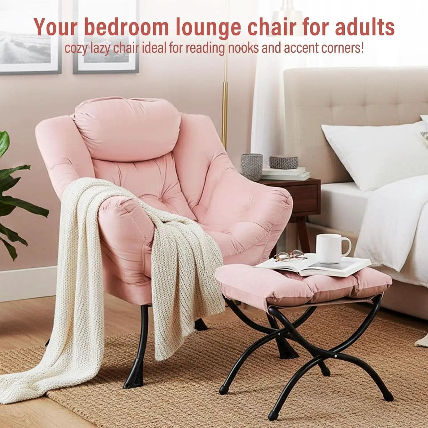 Pink Velvet Lounge Chair With Folding Footrest Ottoman from PriceLows™