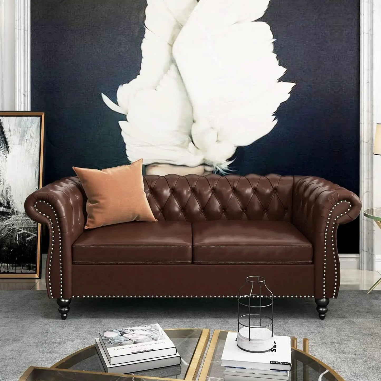 Two Piece Living Room Set Chesterfield Leather Sofa And Chair With Scroll Arms In Dark Brown from PriceLows™