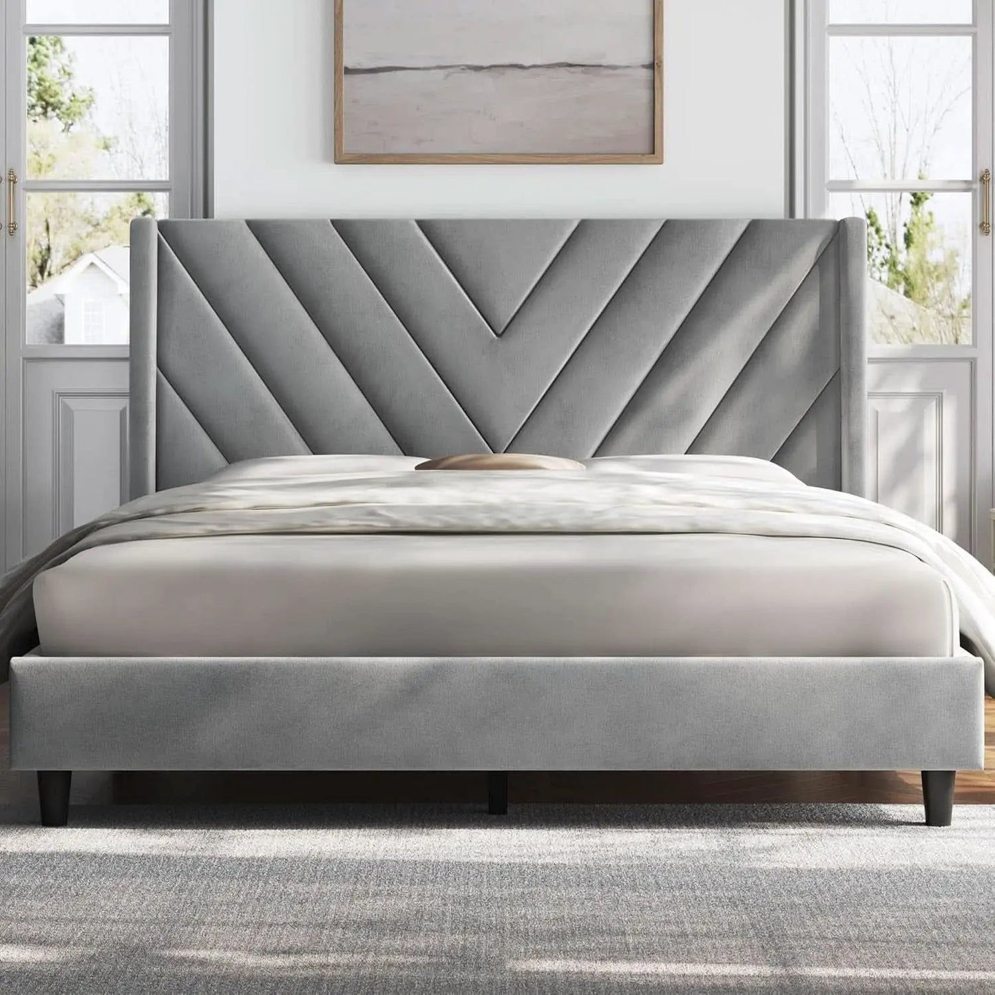 Queen Upholstered Bed Frame With Winged Tufted Headboard Light Gray from PriceLows™