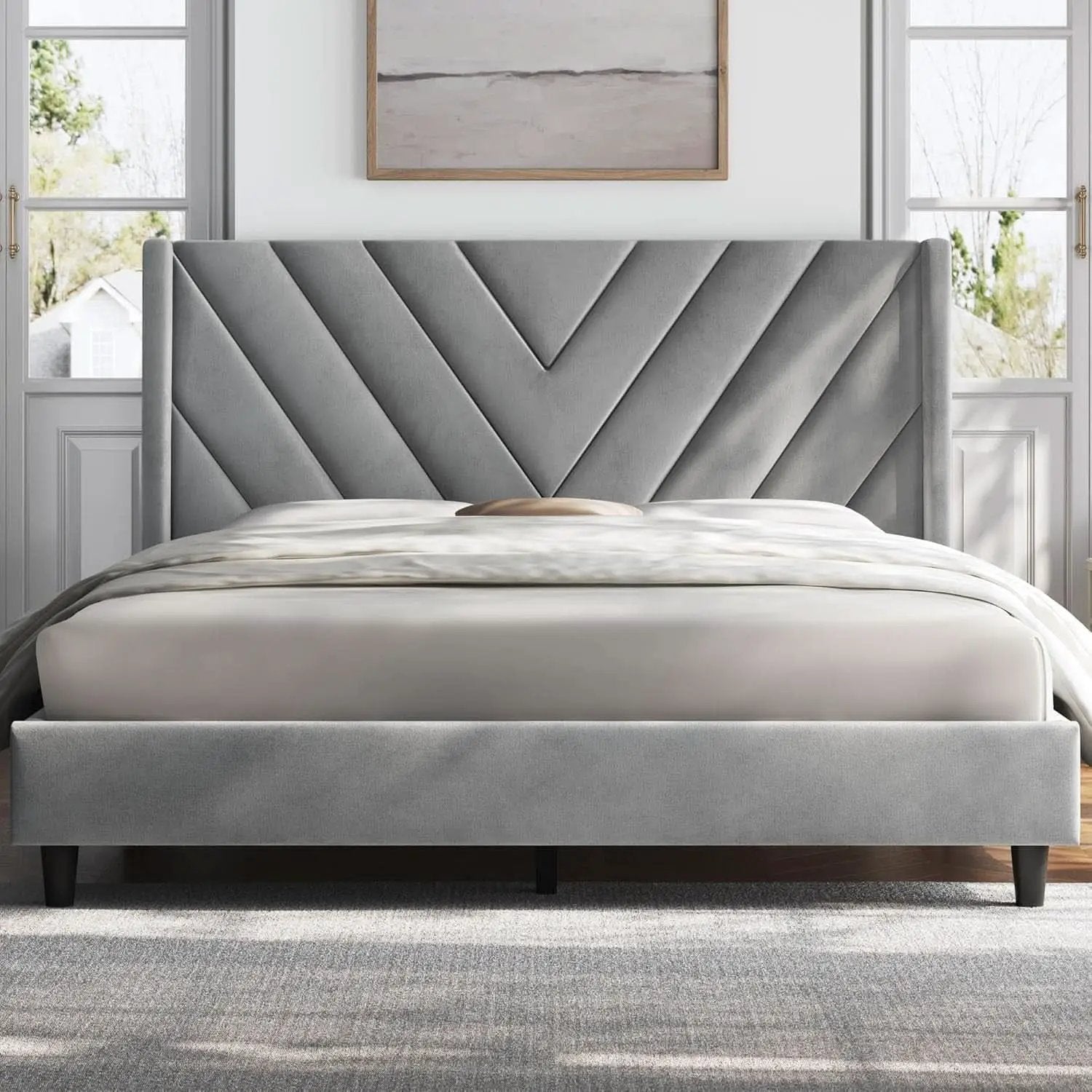 Queen Upholstered Bed Frame With Winged Tufted Headboard Light Gray from PriceLows™