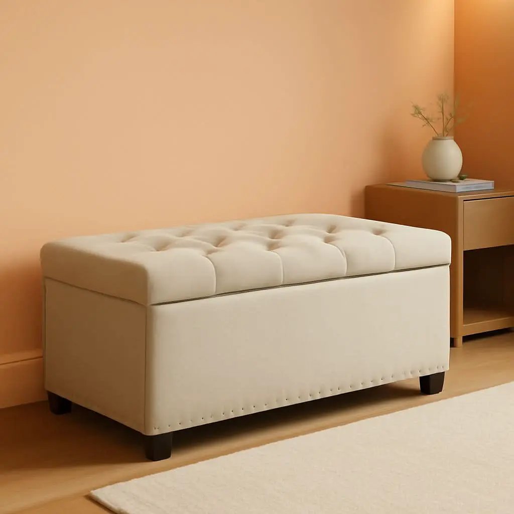 Rectangular Thirty Five Inch Beige Tufted Storage Ottoman Upholstered from PriceLows™