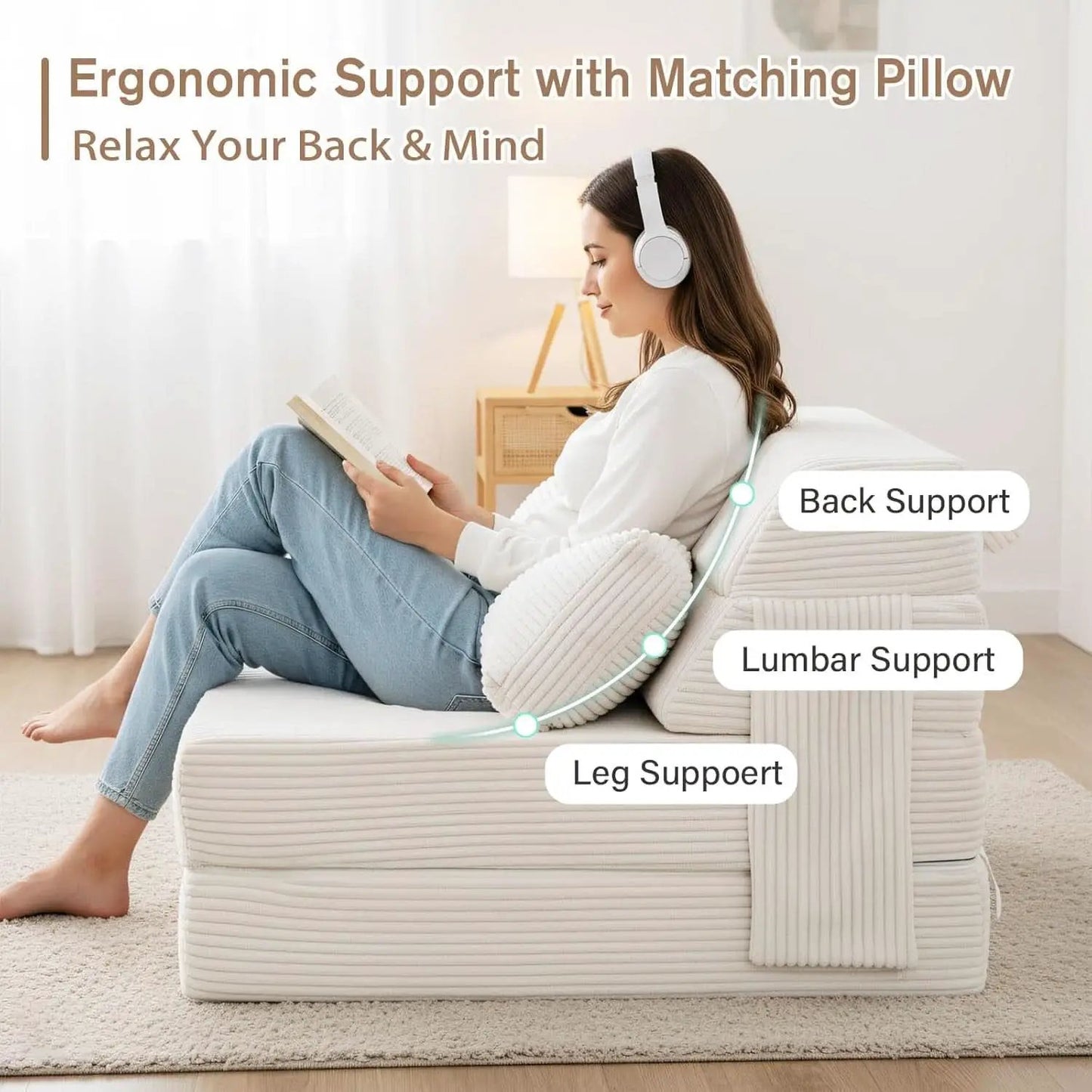 Beige Upholstered Folding Sofa Bed Convertible Floor from PriceLows™