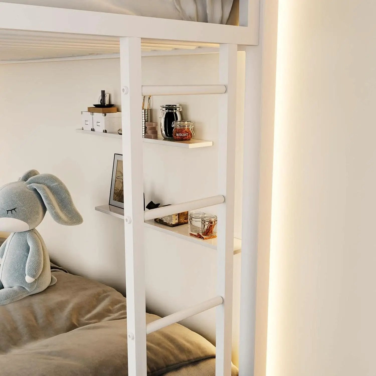 Metal Loft Bunk Bed Twin Over Full Size With Guardrail And Ladder Cream White from PriceLows™