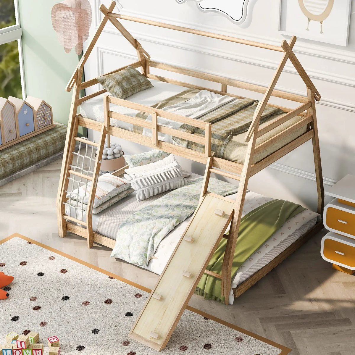 House Bunk Bed | Twin Over Queen | Solid Pine | Climbing Net And Ramp