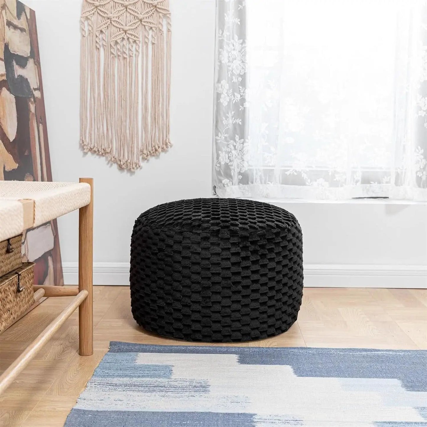 Round Plush Pouf Ottoman 20x12 Inches Black Upholstered from PriceLows™