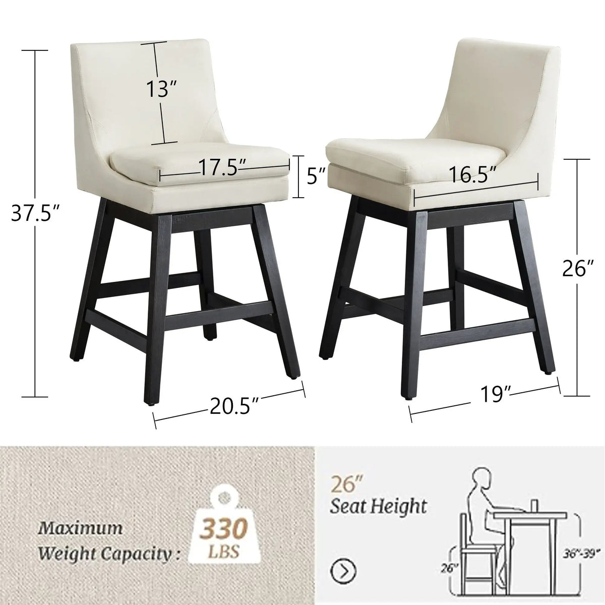 Upholished Swivel Bar Stools | Linen High Back | Padded Seat | Set Of 2