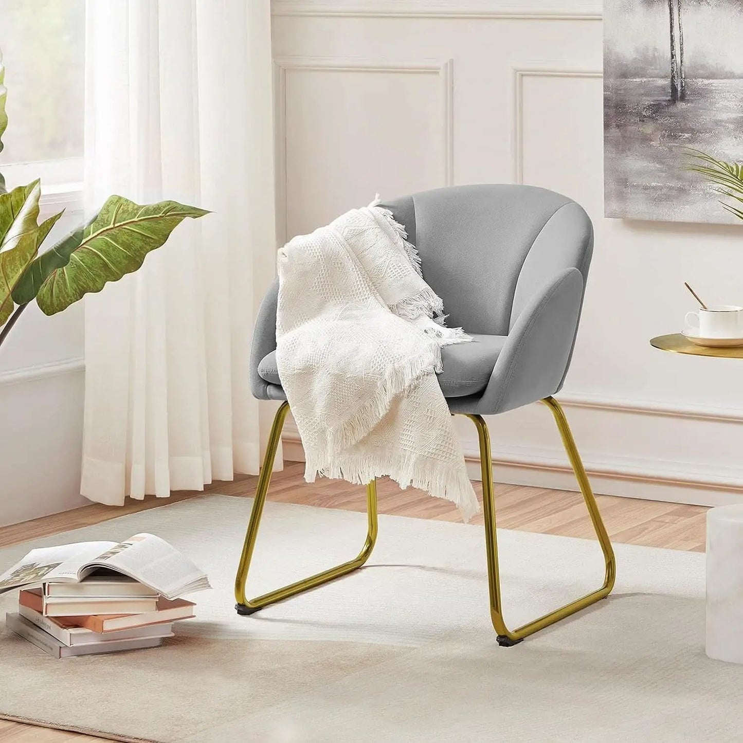 Gray Velvet Flower Shape Vanity Chair With Gold Metal Legs from PriceLows™