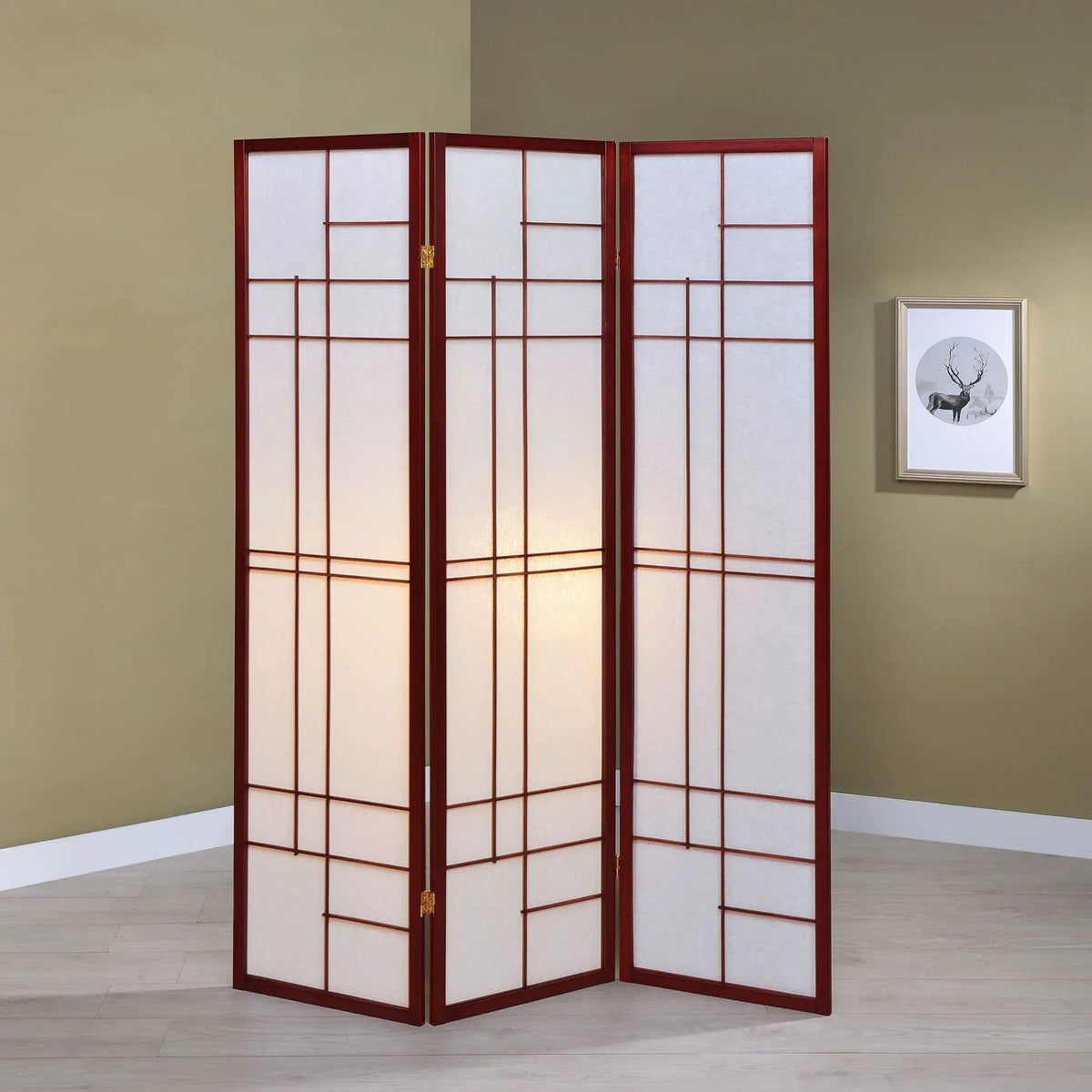 Katerina 3-Panel Room Divider Folding Shoji Screen | 52 x 0.75 x 70.25 in | Rubberwood & Fabric | Cherry