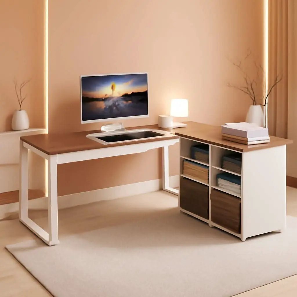 63 Inch L Shaped Desk Reversible Cabinet Natural Oak Wood Finish from PriceLows™